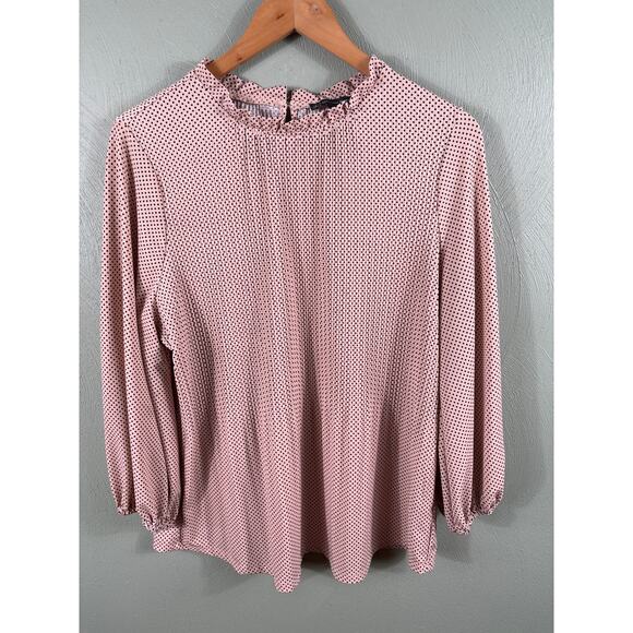 Adrianna Papell Women Large Pink Polka Dot Ruffle Hem Long Sleeve Top Blouse - Picture 9 of 11